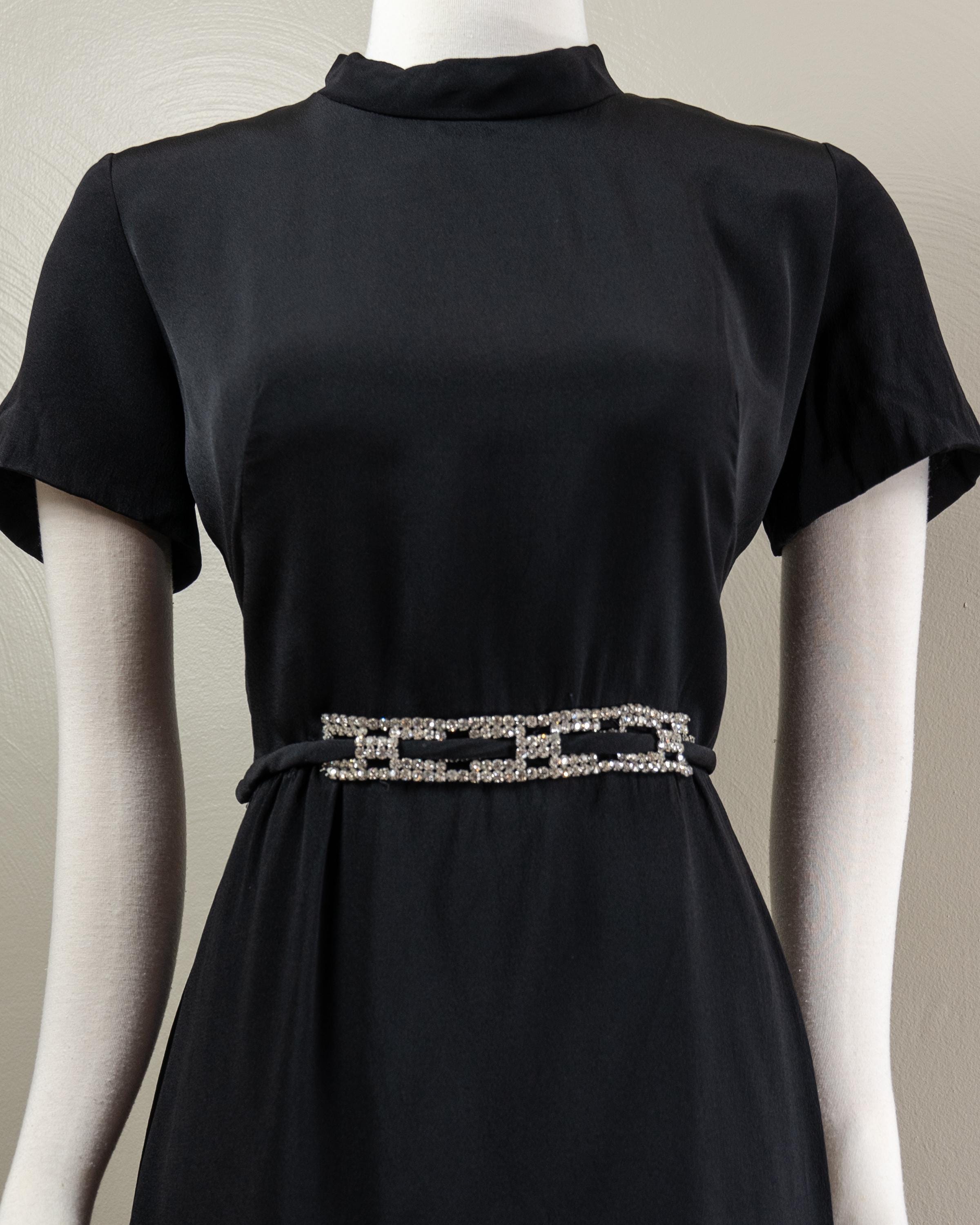 Chic 60s Black Crepe Mock Neck Little Black Dress, Wrap