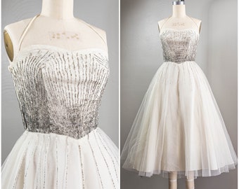 Elegante 50er Jahre Perlen Weiß Tüll Party/Formelles Kleid, Neckholder, Tellerrock, Hochzeit/Abschlussball Kleid