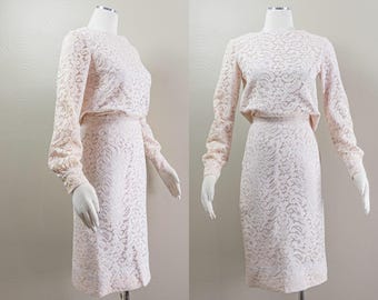 50s/60s Beige Lace Two Piece Set, Pencil Skirt, Button Back Top, Small