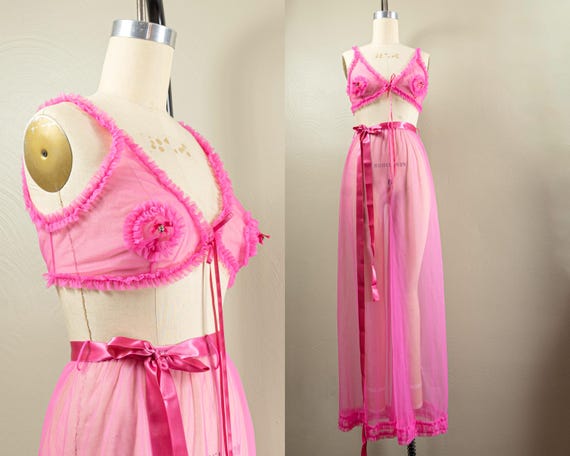 60s/70s Hot Pink Sheer Nylon Lingerie Set, Pajama… - image 1