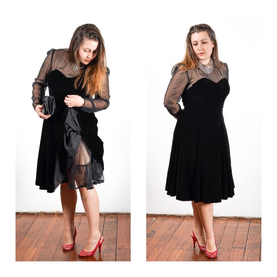 80s does 50s black velvet new look dress with she… - image 1