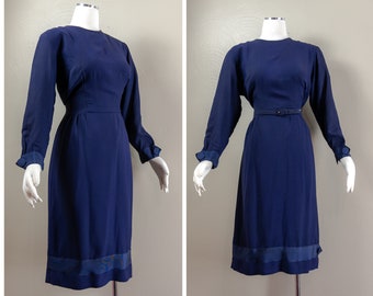 Chic 50s/60s Navy Blue Crepe Rayon Wiggle Dress, Grosgrain Ribbon Trim, Business Casual