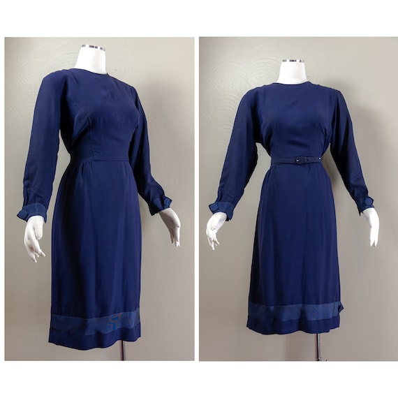 Chic 50s/60s Navy Blue Crepe Rayon Wiggle Dress, … - image 1