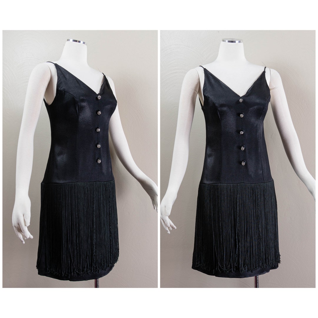 60s Flapper Dress: Black Satin Fringe Party Shift, Rhinestone Buttons ...