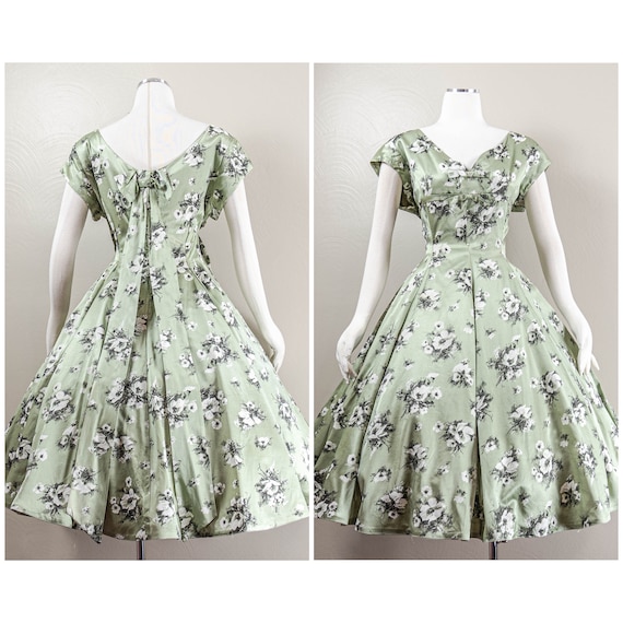 Gorgeous 50s/60s Green Satin Floral Printed Circl… - image 1