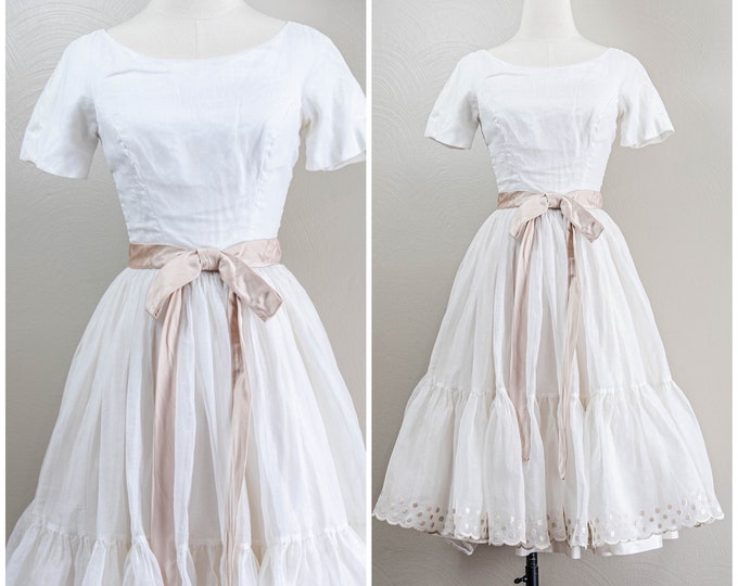 Darling 50s/60s White Cotton Organdy Party Dress, Taupe Satin Ribbon ...