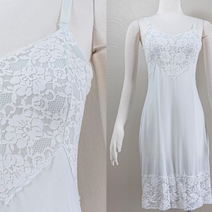 Vintage 50s/60s Baby Blue Nylon and White Lace Slip Dress, Lingerie, Medium
