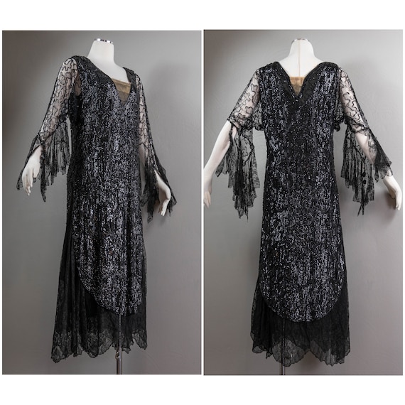 1920s Beaded Sequin Gown: Art Deco Lace Bell Sleeve, Beaded Tassels, Medium