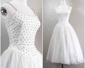 Gorgeous 50s White Net and Rhinestones Drop Waist Party Dress, Full Frilly Skirt, Wedding Dress