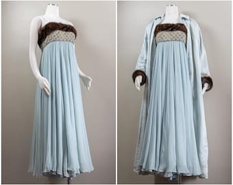 1960s Silk Satin Gown and Coat Set, Beaded Empire Dress, Fur Trim, Large