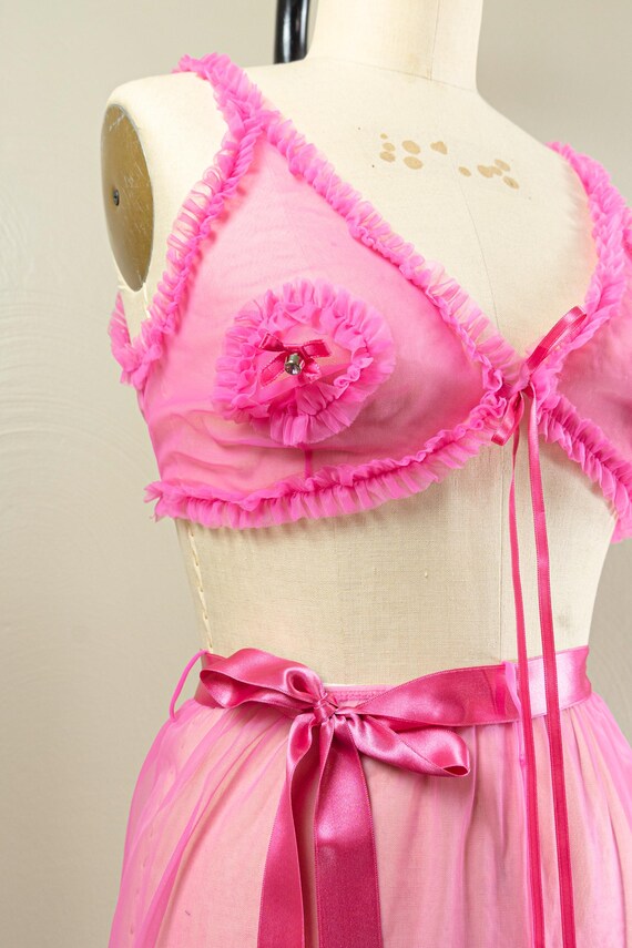 60s/70s Hot Pink Sheer Nylon Lingerie Set, Pajama… - image 4