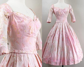 1950s Pink Satin Floral Party Dress by Suzy Perette, Baby Pink, Full Skirt, Small