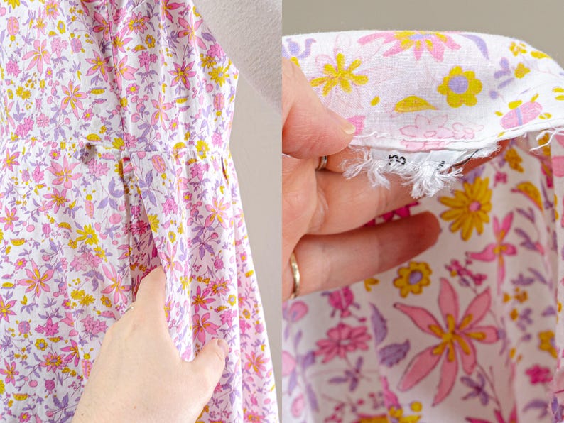 Puede incluir: Un vestido blanco con estampado floral en rosa, amarillo y morado. El vestido tiene un corpi&ntilde;o ajustado y una falda acampanada. La tela est&aacute; cubierta con un patr&oacute;n de flores estilizadas. El vestido tiene una etiqueta con una talla.