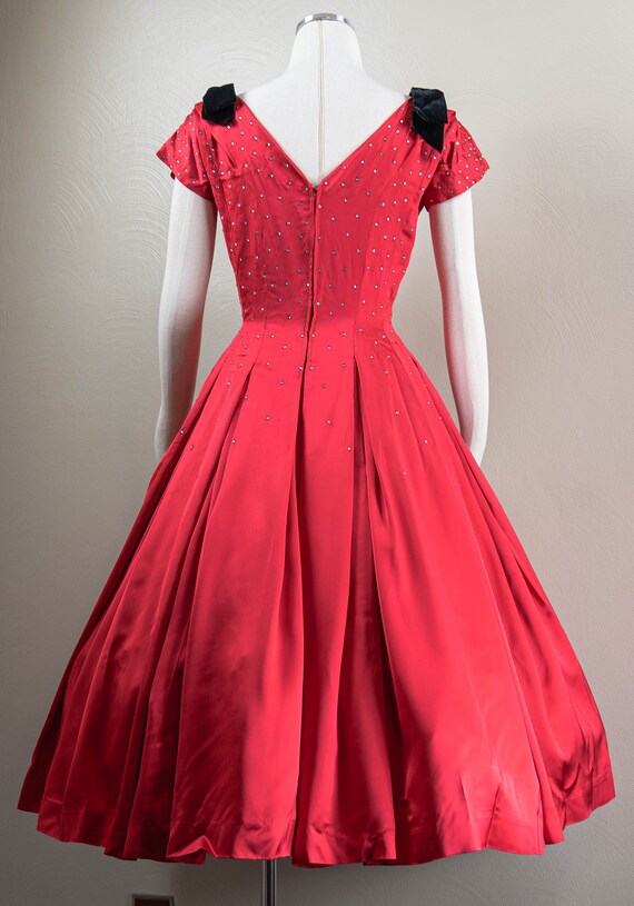 Glitzy 50s Red Satin Rhinestones Party Dress, Bla… - image 6