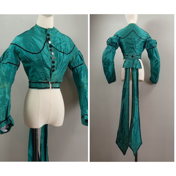 Vivd 1860s Victorian Green Silk Bodice with Match… - image 1