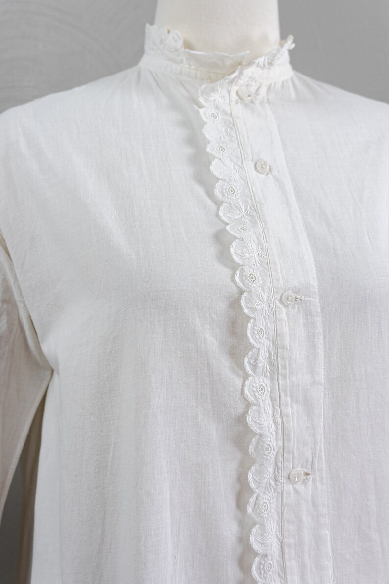 Antique Victorian Ca. 1860 Drop Shoulder White Linen Nightgown, Balloon Sleeves, Lace Trim, High Collar image 4