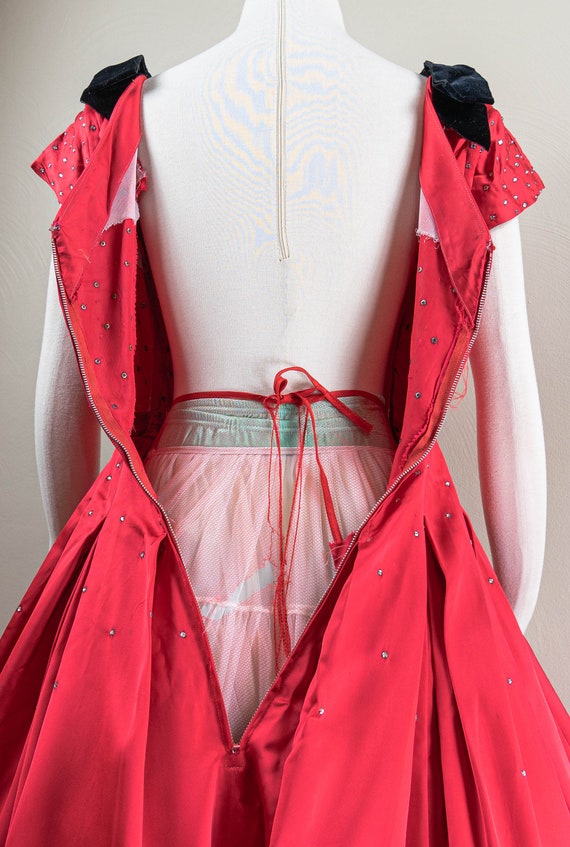 Glitzy 50s Red Satin Rhinestones Party Dress, Bla… - image 7