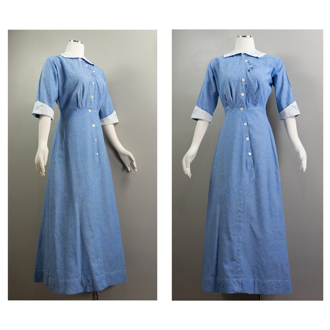 Antique 1910s Era Heather Blue Linen Dress Asymmetric Button - Etsy