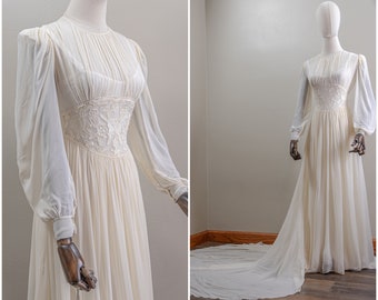 1930s Silk Chiffon Wedding Dress: Satin Appliqué, Bishop Sleeves, Court Train, Small