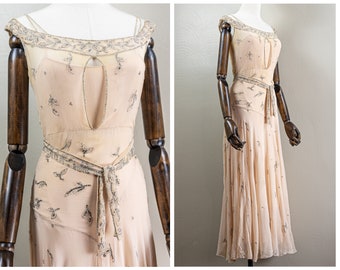 Glorious 30s Ballet Pink Silk Chiffon Evening Gown Rhinestones and Bead Embellishment, Romantic Old Hollywood