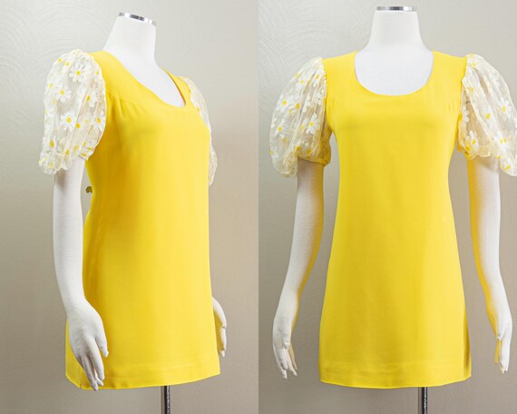 1960s Yellow Mini Dress, Daisy Puff Sleeves, A Stopper Design California, Small