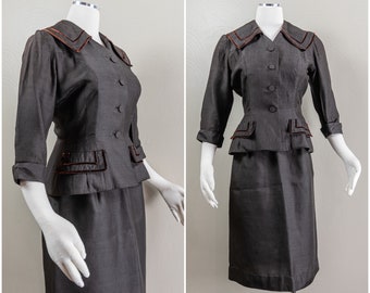 Chic 40s Mocha Silk Skirt Suit, Burgandy Velvet Trim, Pencil Skirt, Dark Academia