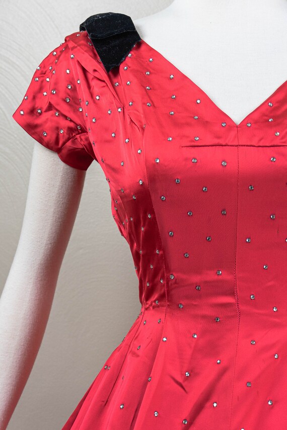 Glitzy 50s Red Satin Rhinestones Party Dress, Bla… - image 3