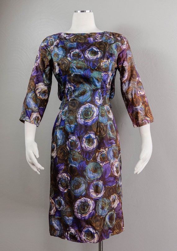 Funky 50s/60s Blue and Brown Rose Printed Wiggle … - image 2