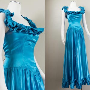 70s Teal Blue Liquid Satin Gown: Off-Shoulder Ruffle Neckline, Basque Waist, A-Line Dress, Small