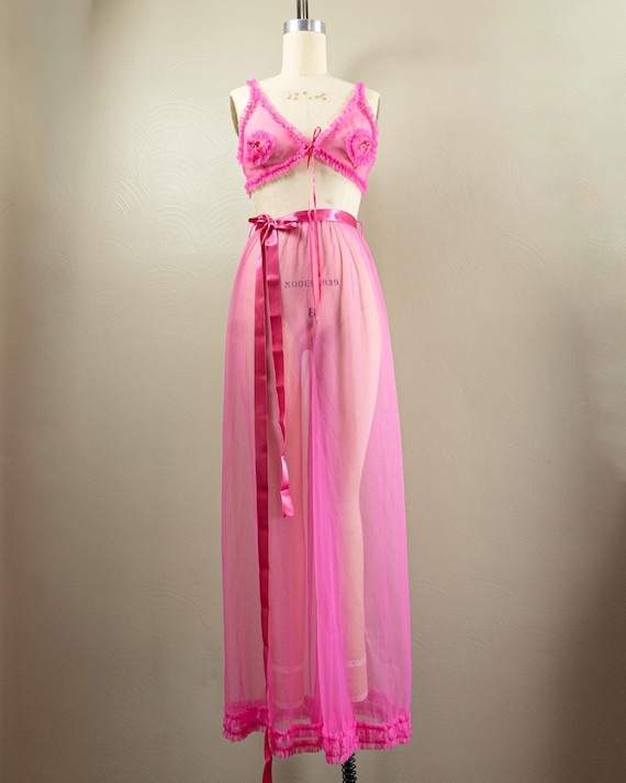 60s/70s Hot Pink Sheer Nylon Lingerie Set, Pajama… - image 2