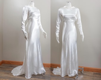 1930s Bias Cut Wedding Dress, White Crepe Back Satin, Timeless Bridal, Small