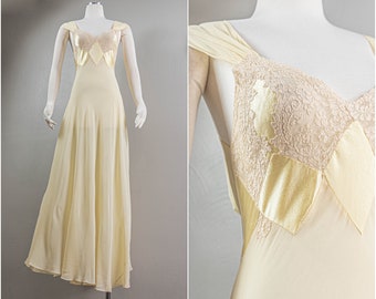 Stunning Buttercup Yellow Silk chiffon and Lace 30s Nightgown, Harlequin Waist Details, Bias-cut, Hand Sewn