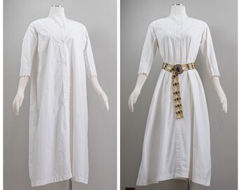 Antique ca 1860s White Linen Victorian Nightgown, Hand Sewn Floral Embroidery