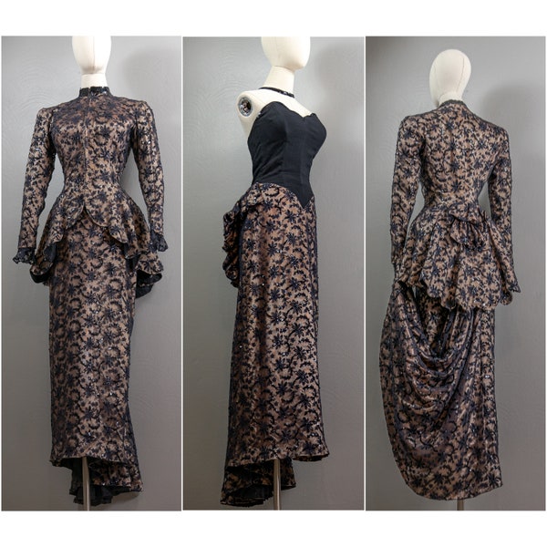 Incredible 40s Black Lace on Nude Satin 2 Piece Dress Set, Sequined, Victorian Styled, Stage Costume