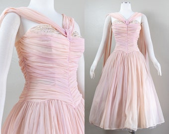 Pretty 50s/60s Pink Nylon Chiffon Party Dress, Ruched Sweet Heart Bust with Sash Neckline