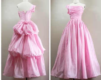 Romantic 50s Pink Taffeta Strapless Ballgown, Bustle Back, Rushed Bodies, Prom Dress