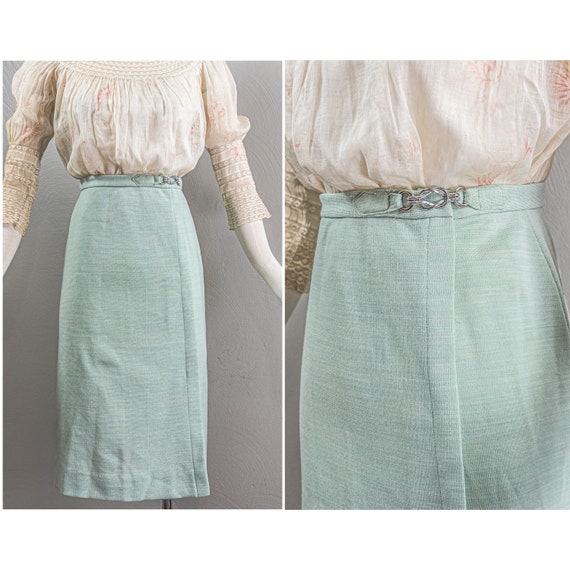 Chic Mint Green 70s Wrap Styled Skirt, Metal Buck… - image 1