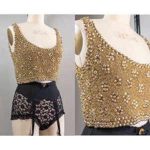1960s Golden Beaded Crop Top: Vintage Party Top, Medium