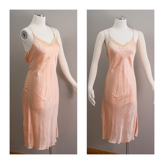 Vintage 30s peach Silk Slip Dress, Hand Sewn, Bias