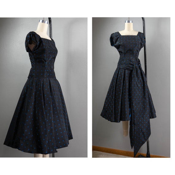 50s Black and Blue Brocade Drop Waist Party Dress… - image 1