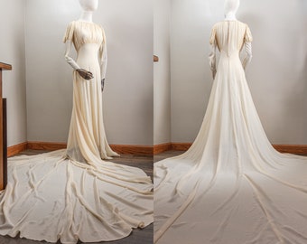 Gorgeous 30S Cream Silk Chiffon Wedding Dress, Juliet Sleeves with Cut-outs, Chapel Lenght Train