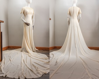 1930s Cream Silk Chiffon Wedding Dress: Juliet Sleeves, Chapel Train, Small