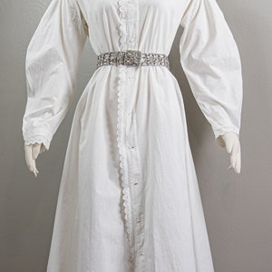 Antique Victorian Ca. 1860 Drop Shoulder White Linen Nightgown, Balloon Sleeves, Lace Trim, High Collar image 2