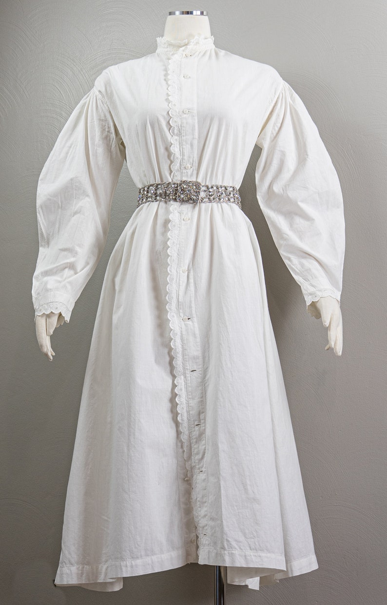 Antique Victorian Ca. 1860 Drop Shoulder White Linen Nightgown, Balloon Sleeves, Lace Trim, High Collar image 2