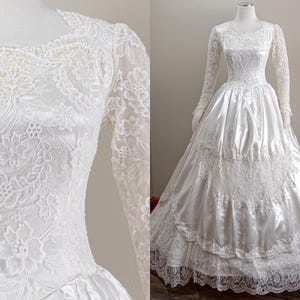 50s White Lace Wedding Gown: Pearl Beaded Satin Circle Skirt, Small