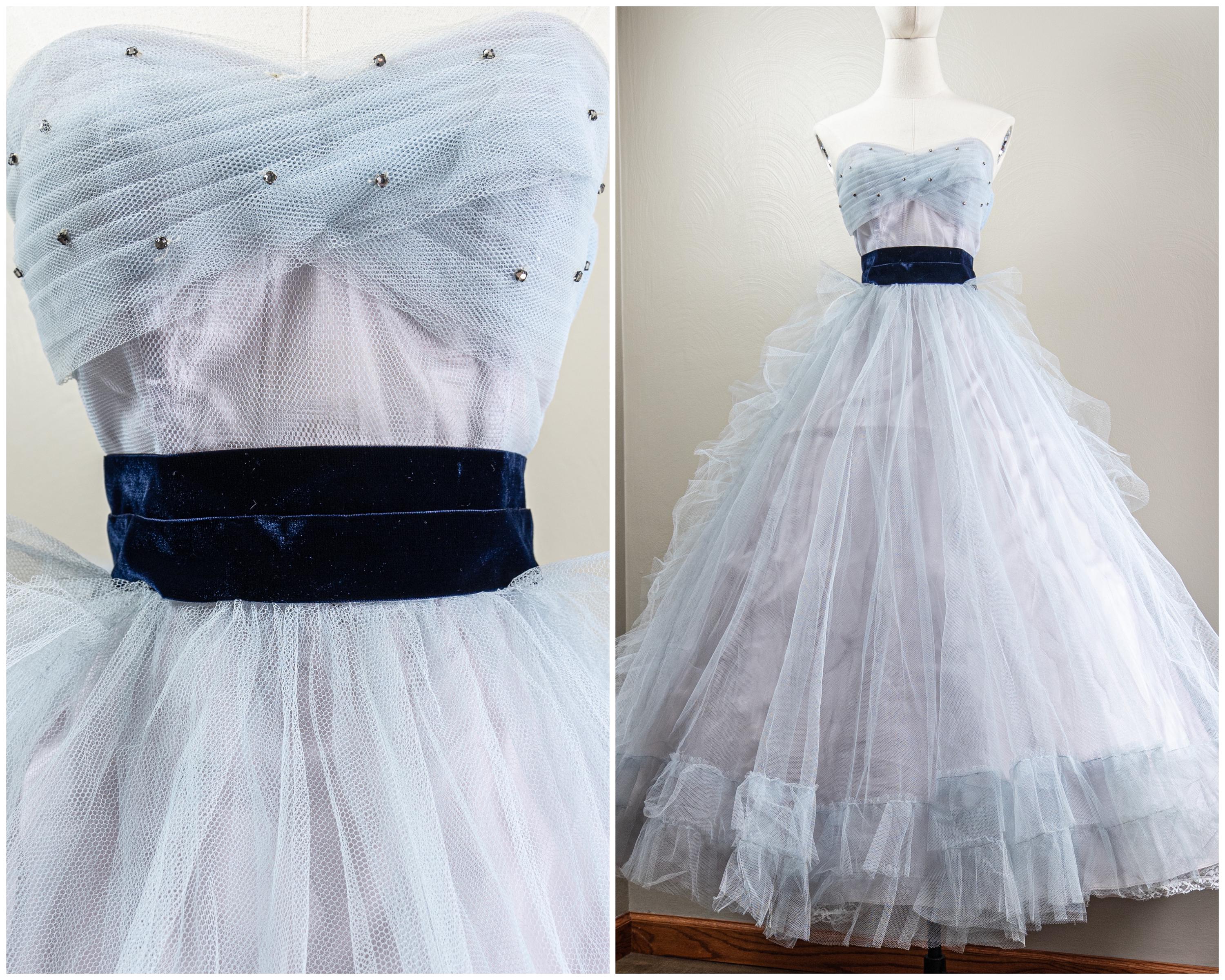 Dreamy Baby Blue Tulle Ball Gown, Rhinestone Details, Velvet Dreamy Baby Blue Tulle Ball Gown, Rhinestone Details, Velvet