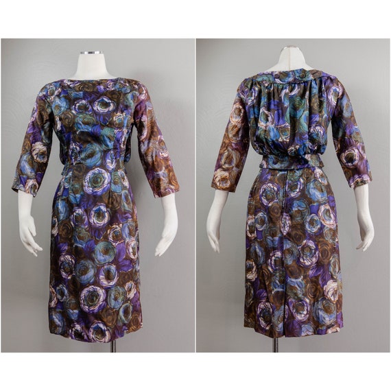 Funky 50s/60s Blue and Brown Rose Printed Wiggle … - image 1