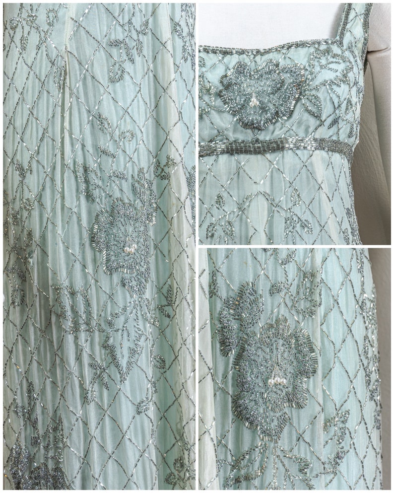 Stunning 60s Rosalie MaCrini Beaded Teal Silk Organza Evening Dress, Empire Waisted, Grecian Style image 10