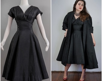 Killer Mollie Parnis Black Taffeta Dress and Silk Faille Swing Coat Set, Matching Petticoat