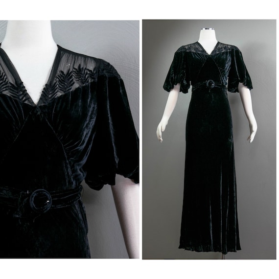 Stunning Slinky 30s Black Silk Velvet Evening Gow… - image 1